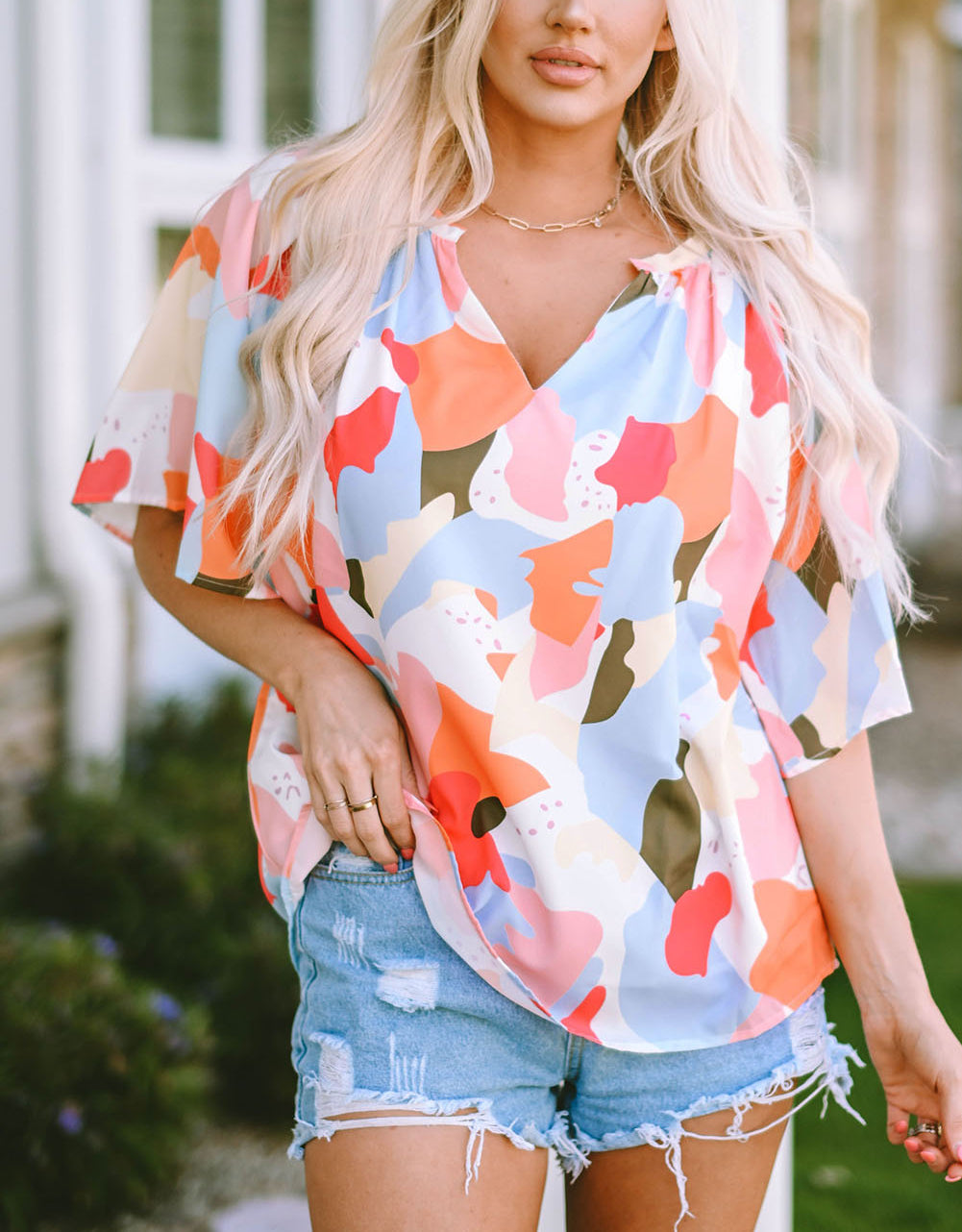 Floral Print V Neck Half Sleeve Blouse