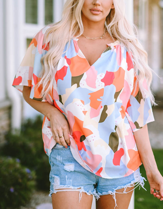 Floral Print V Neck Half Sleeve Blouse