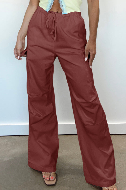Solid Color Drawstring Waist Wide Leg Cargo Pants