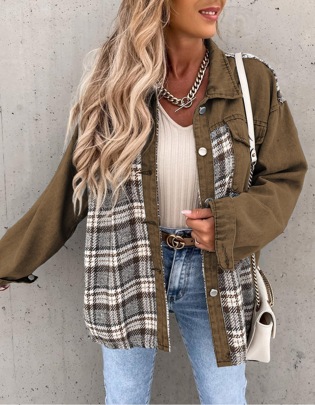 Plaid Patchwork Pockets Denim Jacket