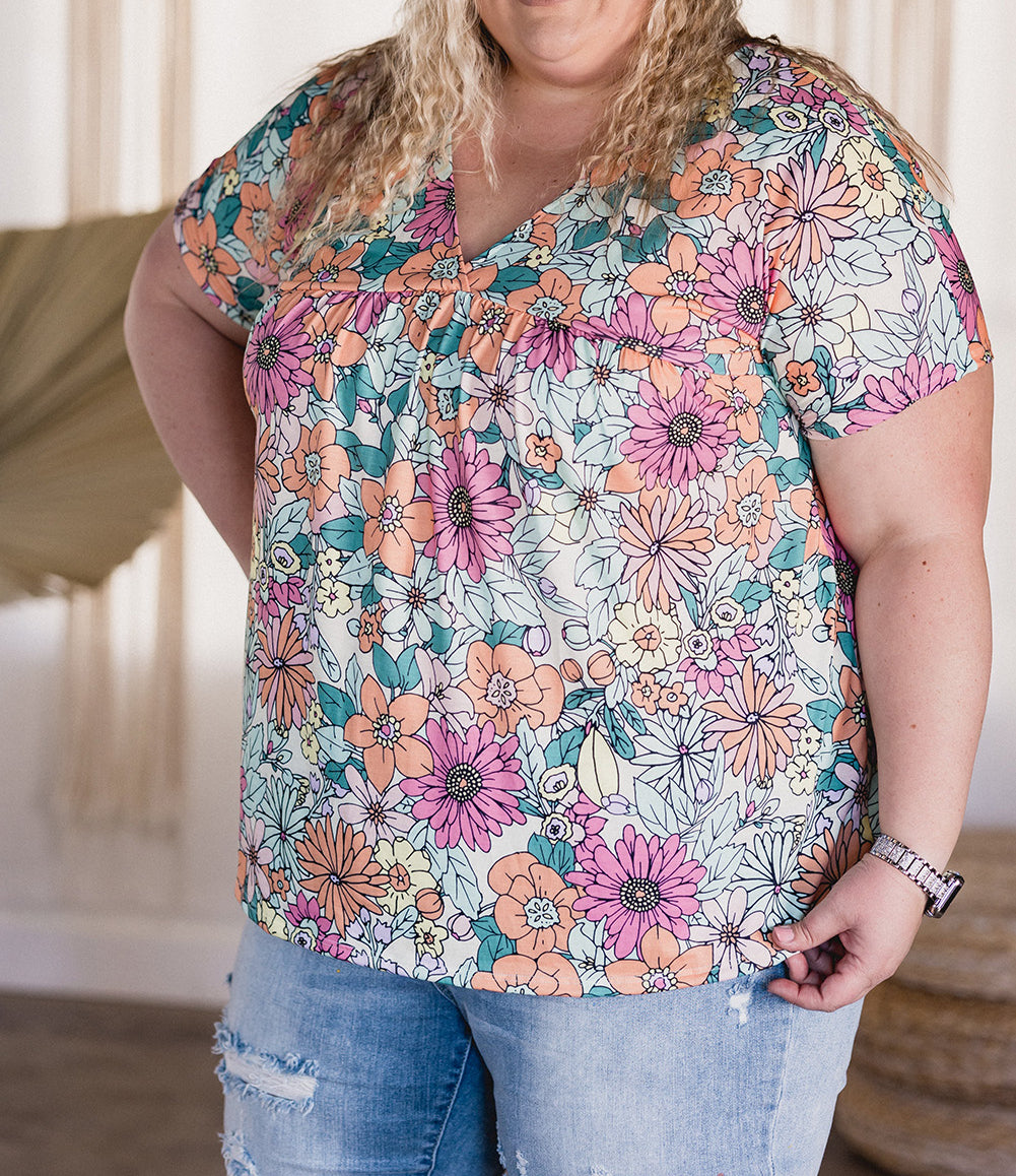 Plus Size Summer Floral Print V Neck Blouse