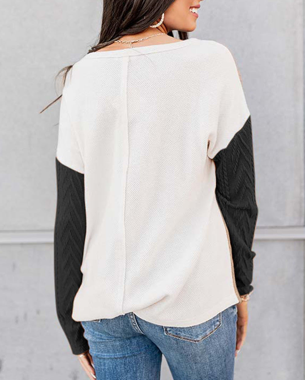 Long Sleeve Colorblock Chest Pocket Textured Knit Top