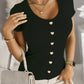 Black Metal Button Ribbed Knit Short Sleeve Top