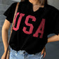 USA Lettering Patch Notched Neck Loose Tee
