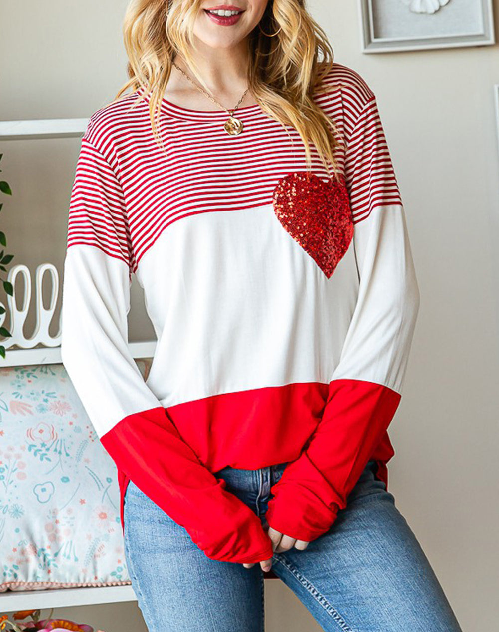Valentine's Day Sequin Heart Striped Colorblock Top