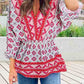 Geometric Print 3/4 Sleeve V-Neck Shirred Waist Flared Blouse