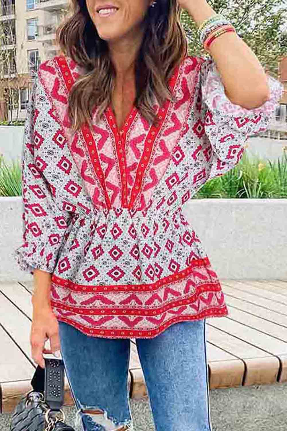 Geometric Print 3/4 Sleeve V-Neck Shirred Waist Flared Blouse