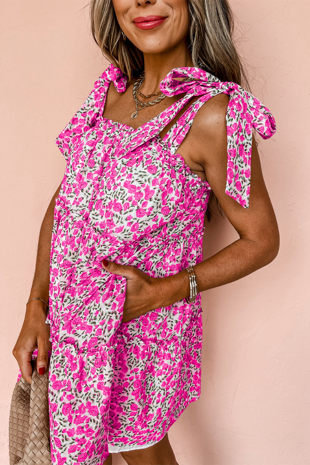 Floral Knotted Straps Tiered Babydoll Dress