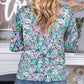 Floral Pleated Round Neck Long Sleeve Blouse