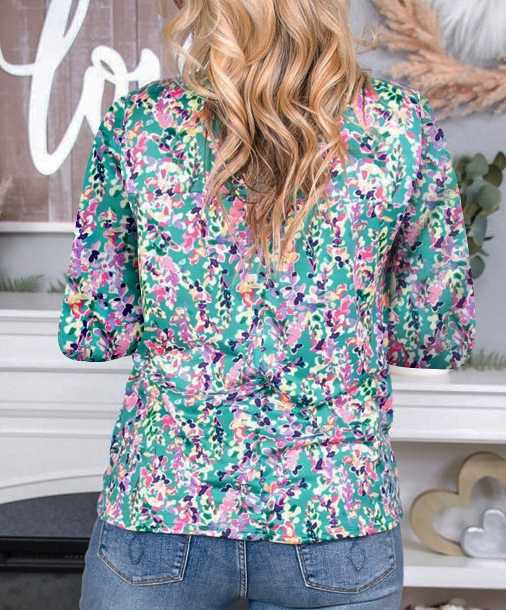 Floral Pleated Round Neck Long Sleeve Blouse