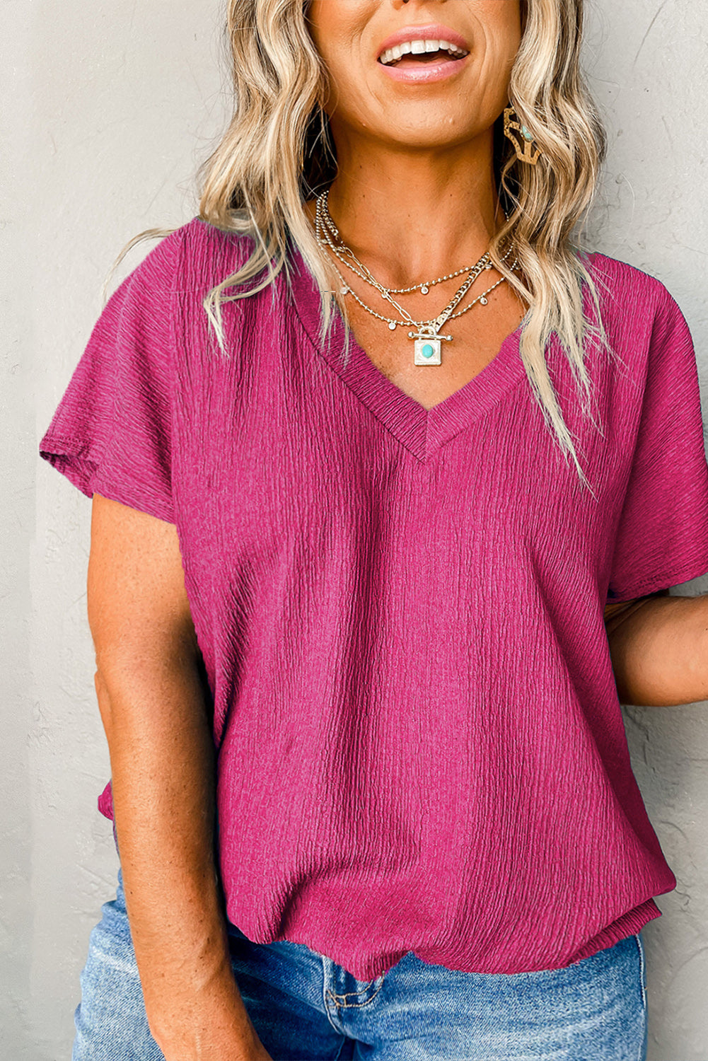 Sapphire Textured V Neck Bubble Hem Plus Top