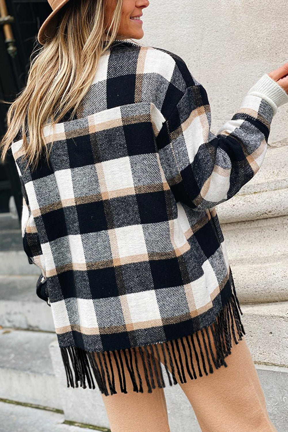 Plaid Snap Button Pocket Fringed Hem Jacket