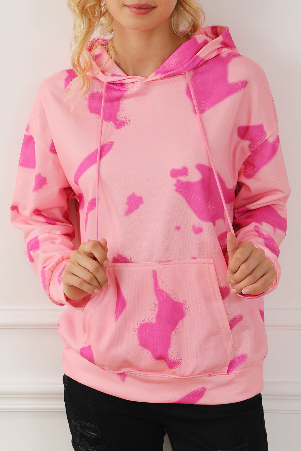 Peach Blossom Tie Dye Kangaroo Pocket Drawstring Hoodie