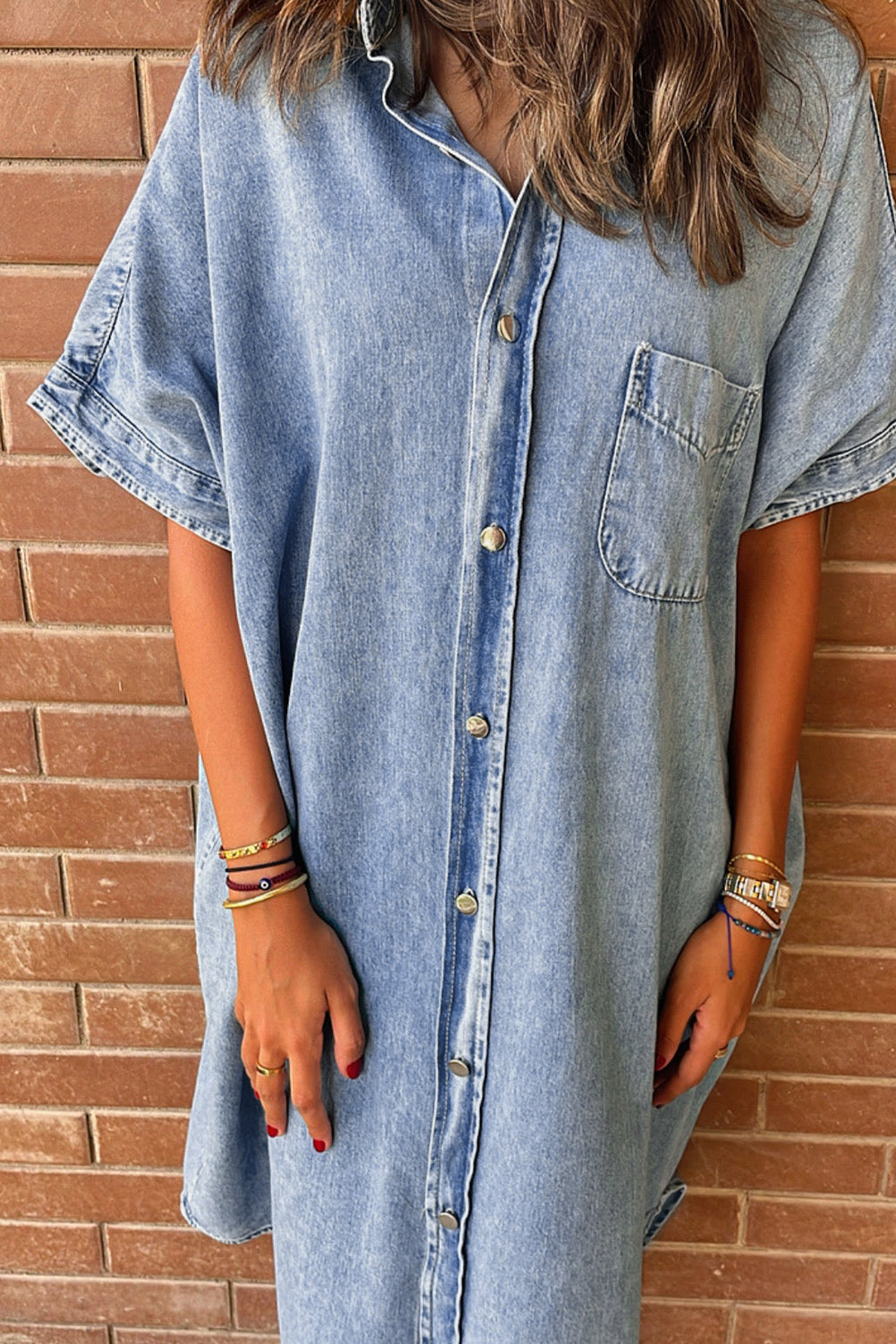 Loose Medium Wash Short Sleeve Shirt Chambray Dress