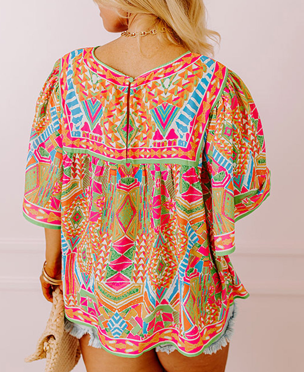 Fashion Printed Wide Sleeve Plus Size Blouse