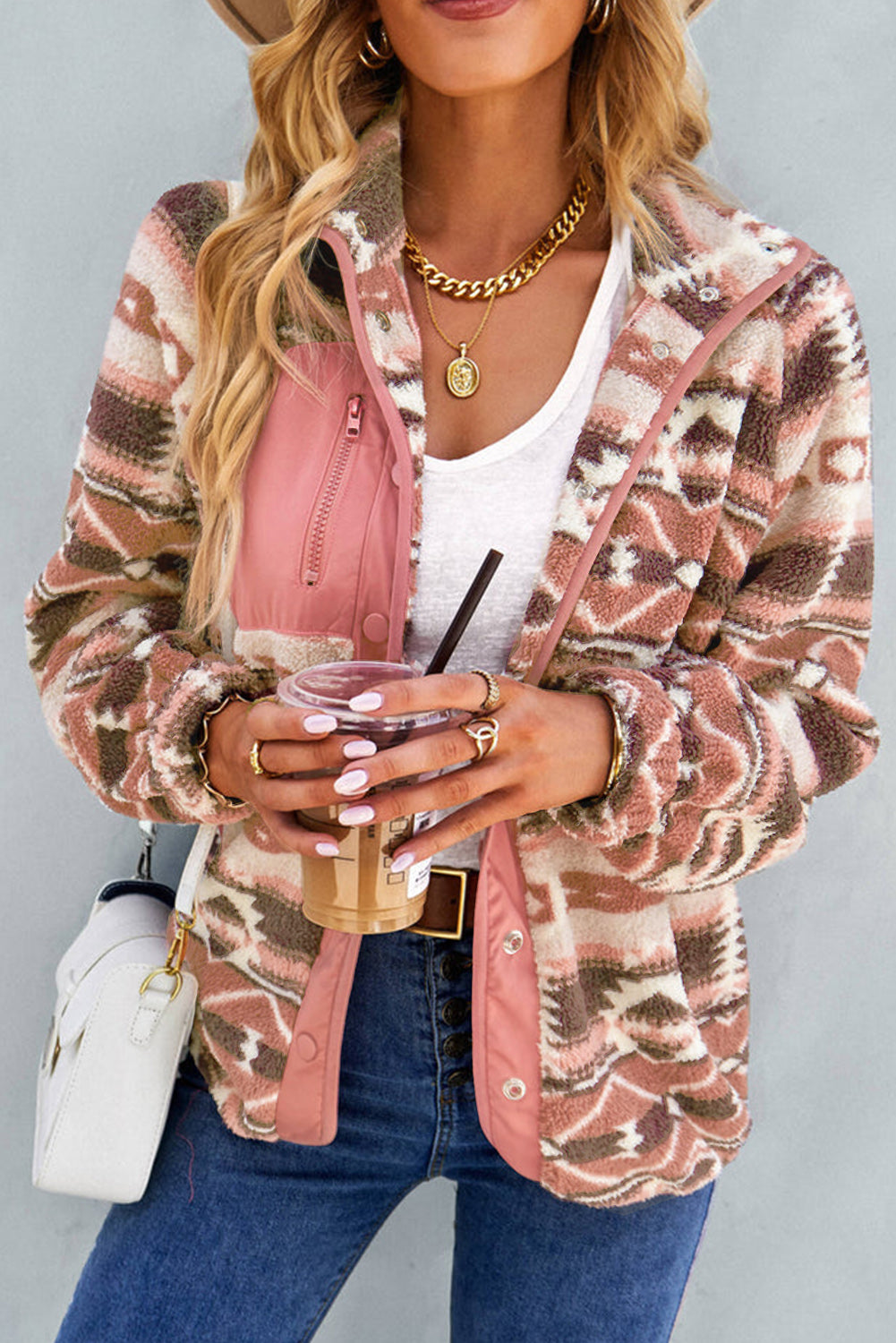 Western Colorblock Snap Buttoned Sherpa Jacket