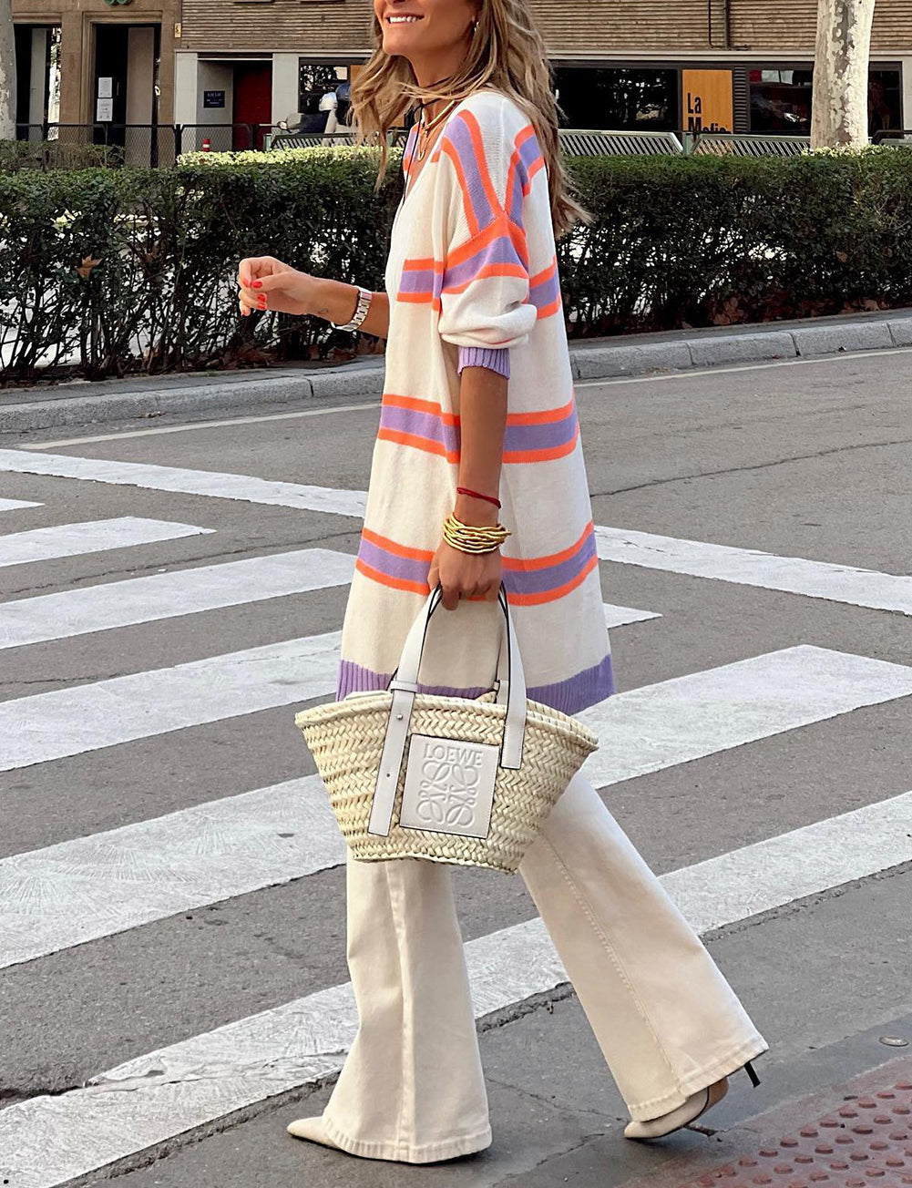 Plus Size Striped Dropped Shoulder Sweater Cardigan