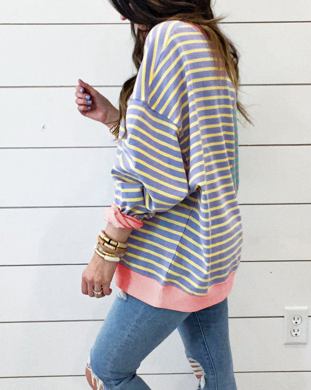 Stripe Colorblock Drop Shoulder Oversize Sweatshirt