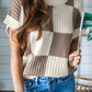 Checkered Color Block Crew Neck Short Sleeve Sweater