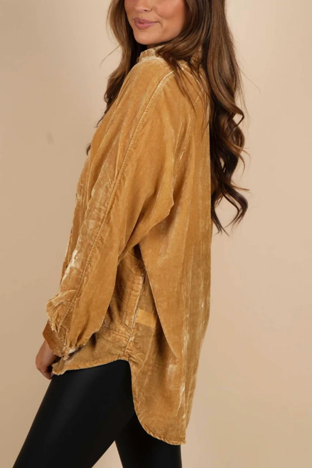 Solid Color Button Up Loose Fit Velvet Shirt