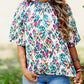 Abstract Print Puff Sleeve Mock Neck Blouse