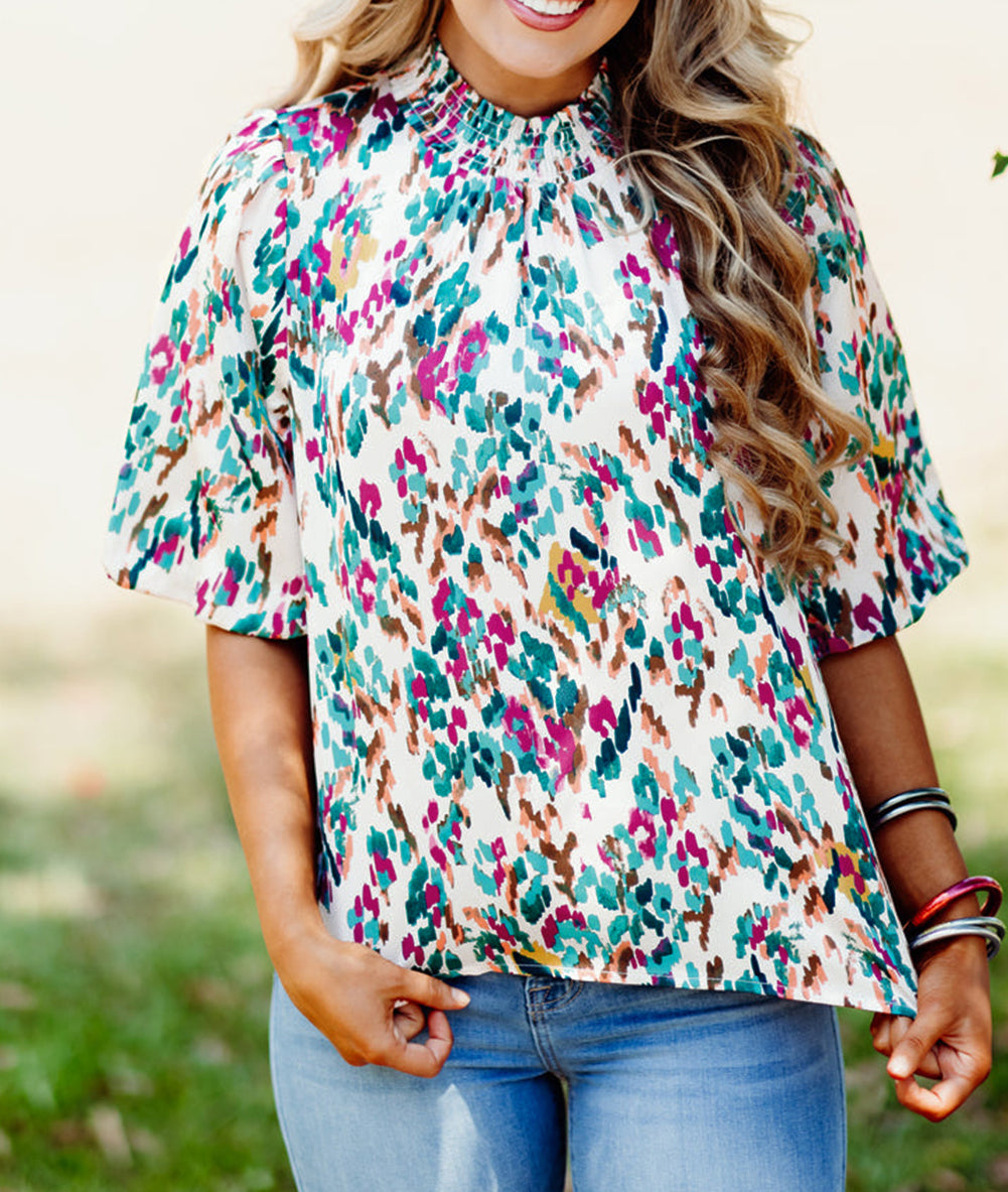 Abstract Print Puff Sleeve Mock Neck Blouse