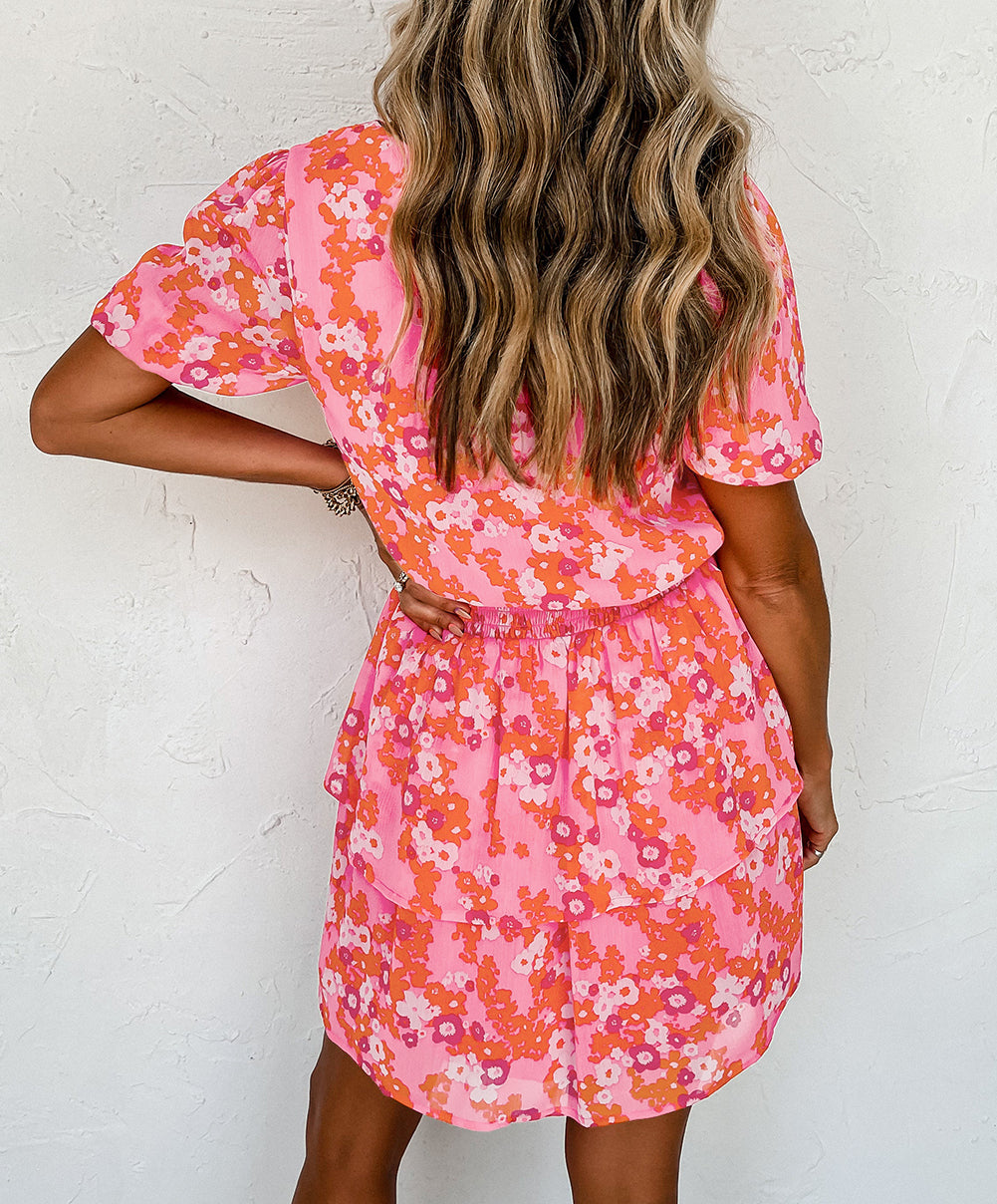Floral V Neck Short Ruffle Tiered Dress