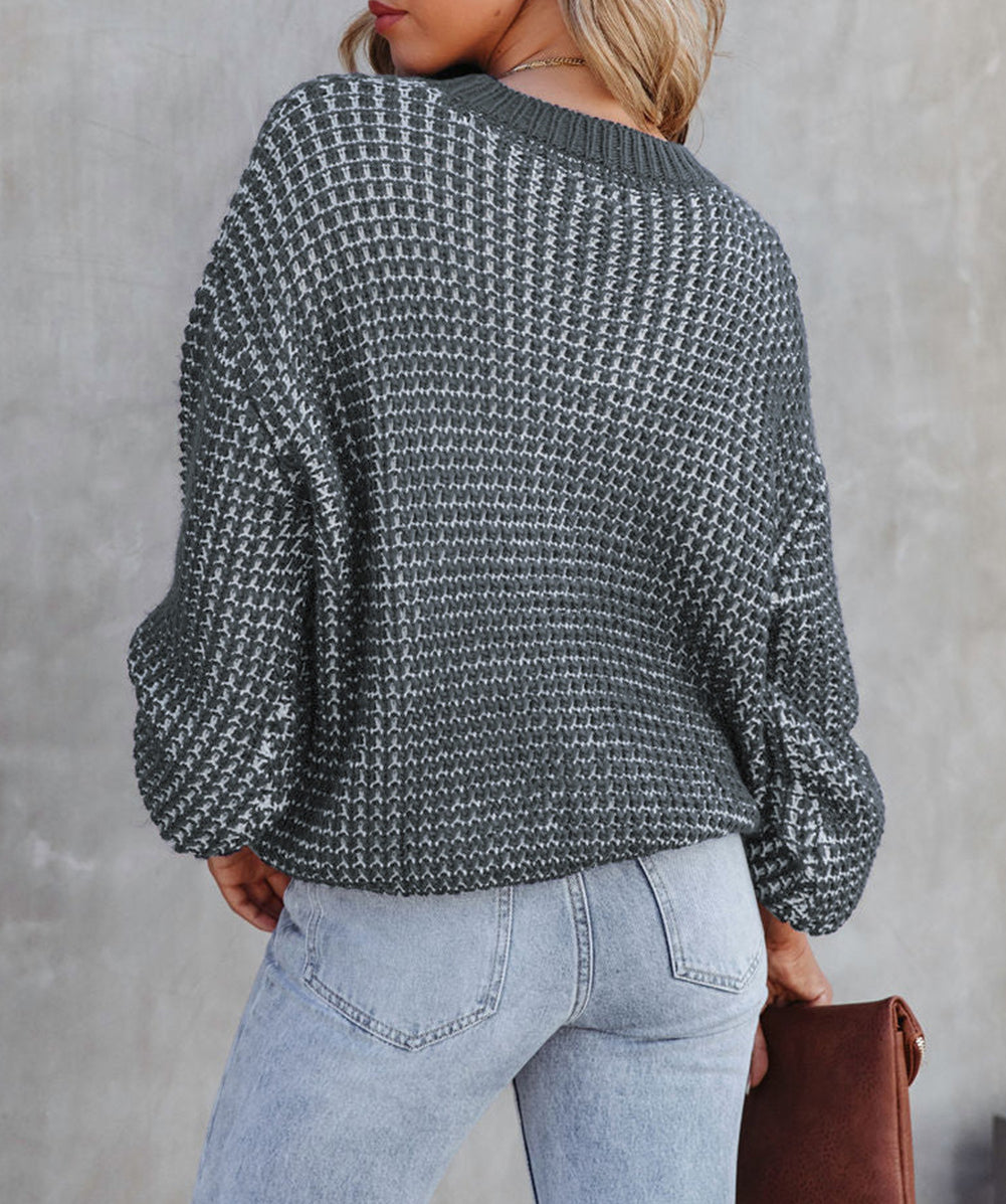 Heathered Knit Drop Shoulder Puff Sleeve Sweater