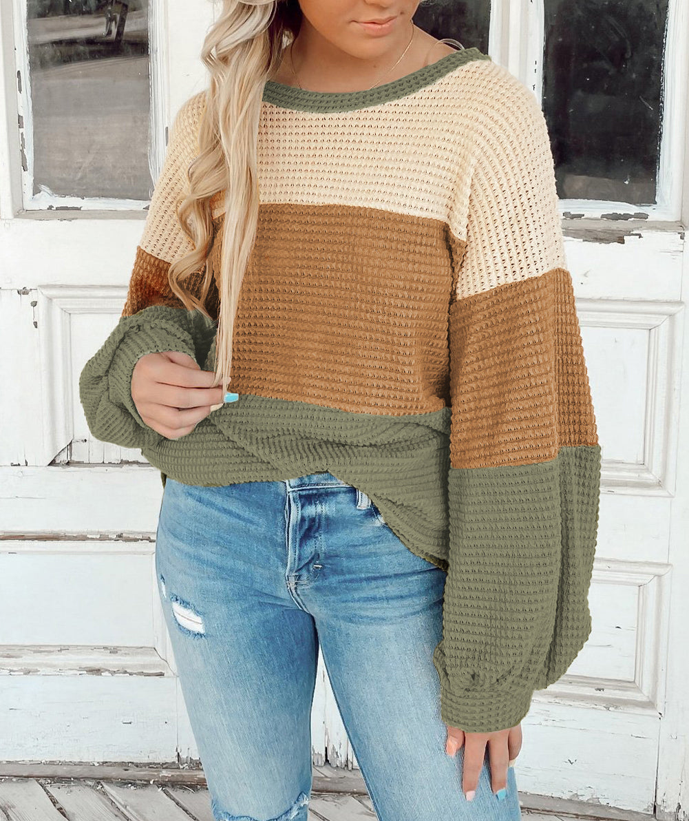 Stripe Textured Color Block Bubble Sleeve Baggy Top
