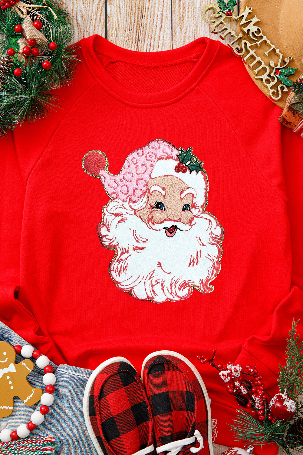 Santa Claus Graphic Crewneck Raglan Sleeve Christmas Sweatshirt