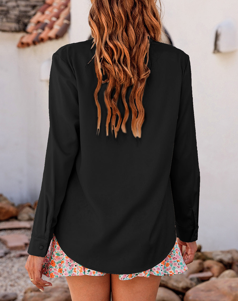 Solid Bow Tie Long Sleeve Blouse