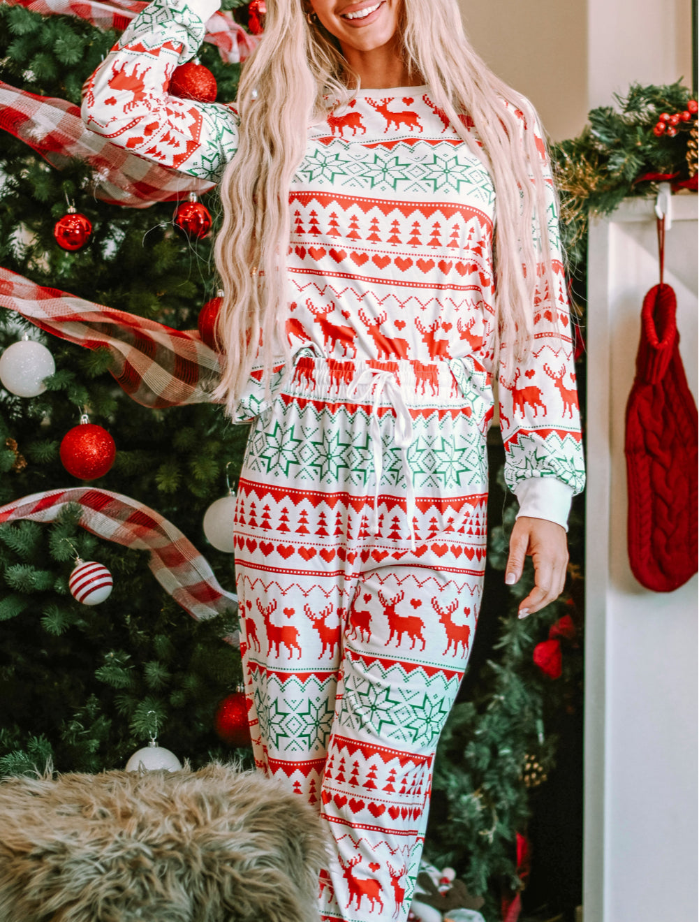 Christmas Print Pullover and Pants Lounge Set