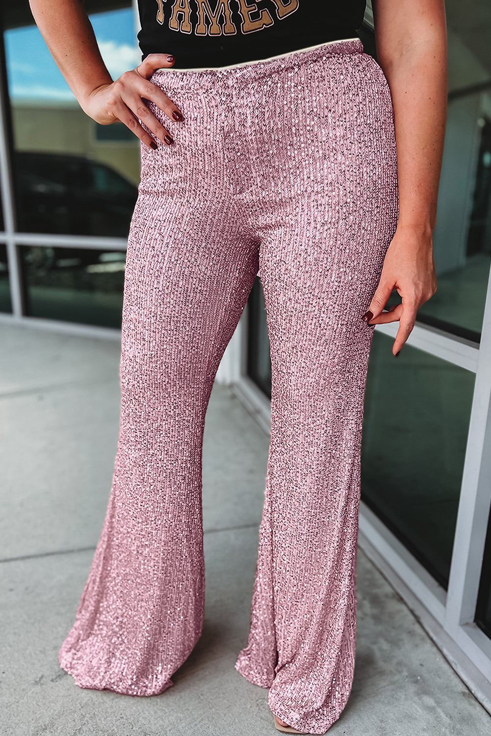 Shiny Sequin Plus Size Flowy Flare Pants