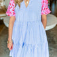 Stripe Contrast Floral Puff Sleeve Tiered Ruffle Dress