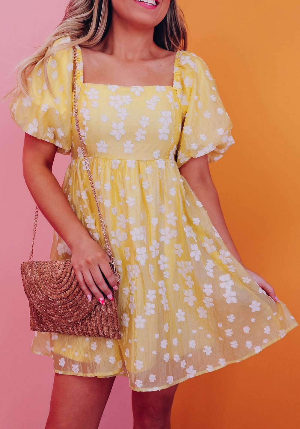 Flower Jacquard Puff Sleeve Square Neck Mini Dress