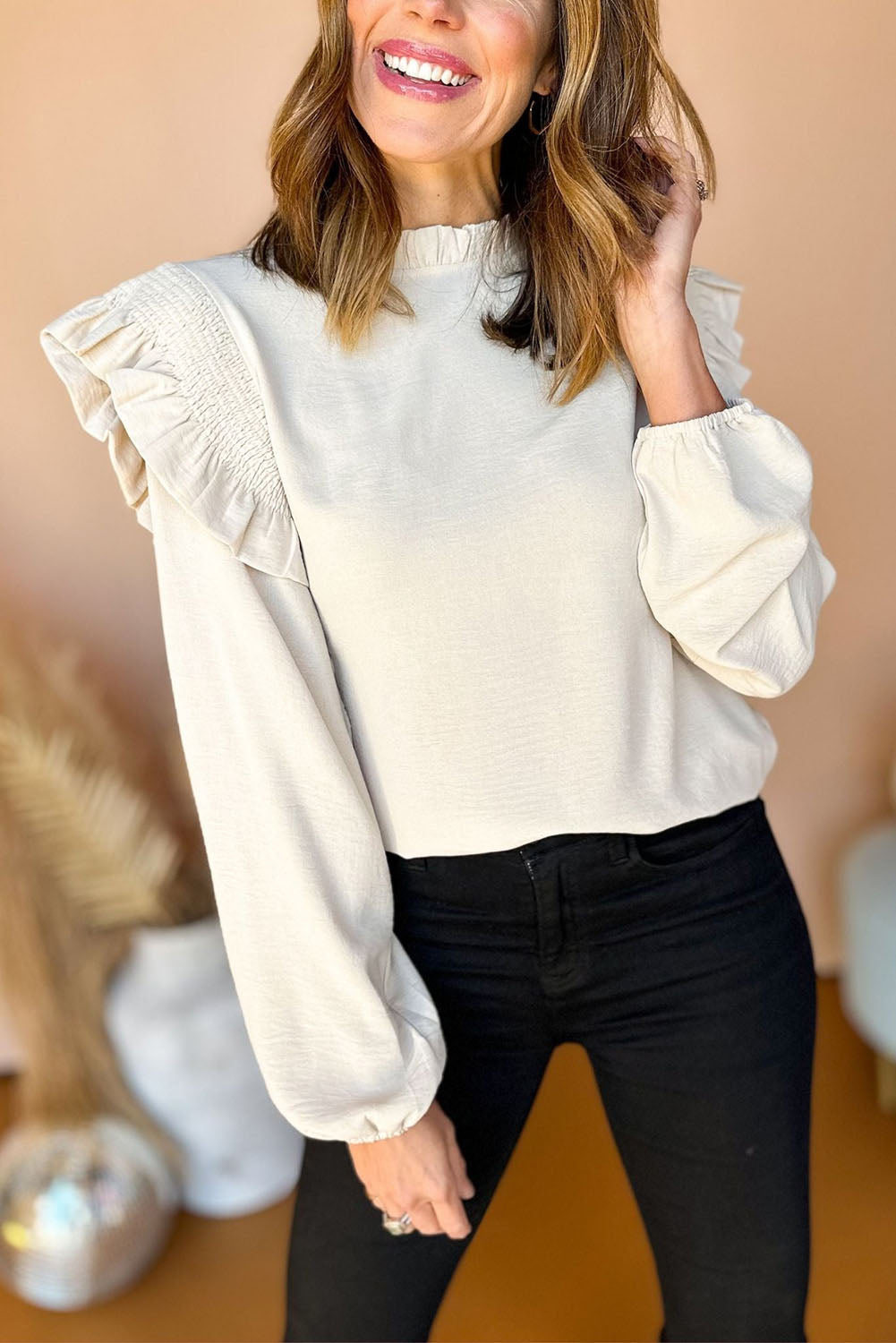 Frilled Neck Ruffled Trim Bubble Sleeve Blouse