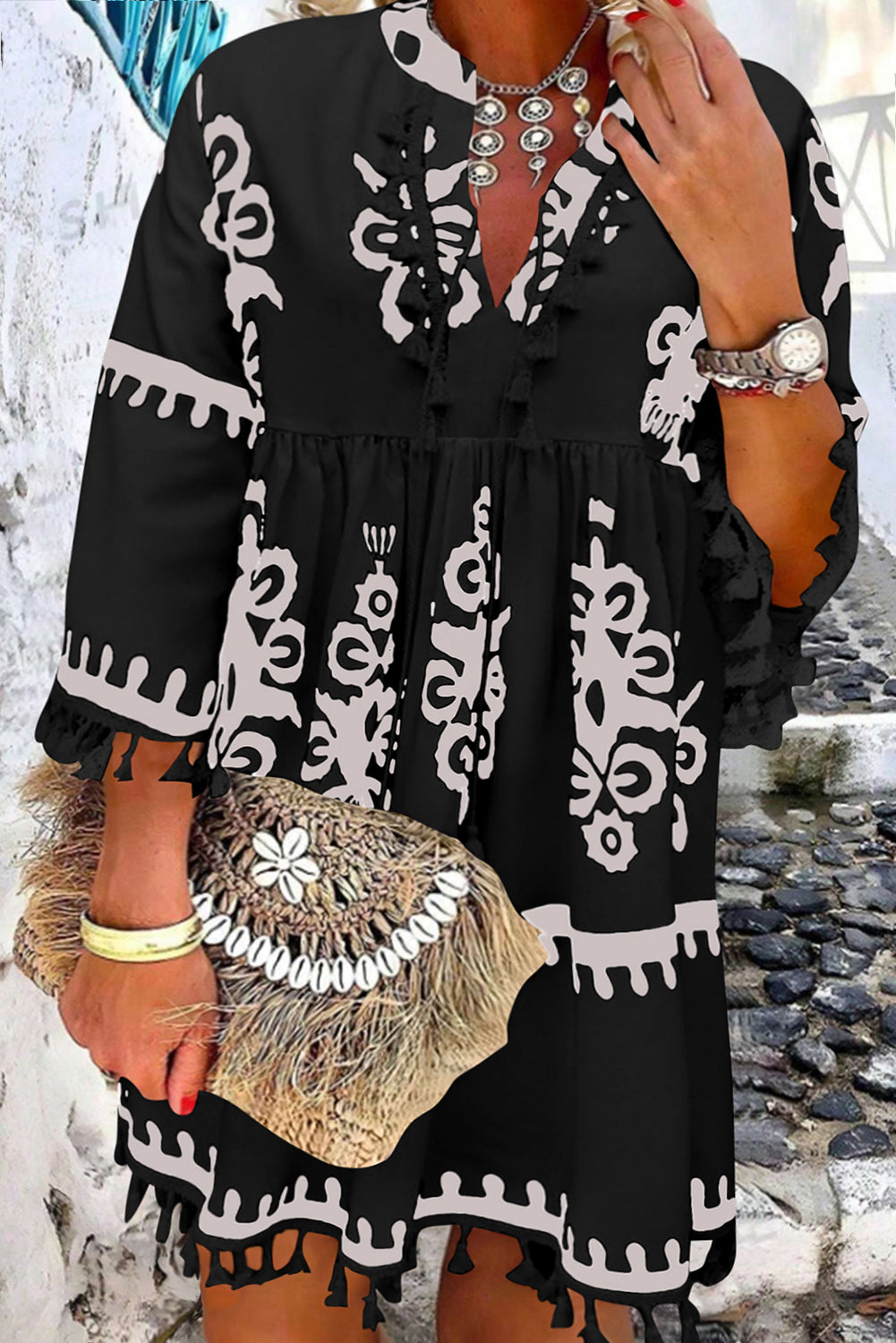 Plus Size Western Floral Print Fringed V Neck Dress