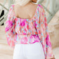 Watercolor Abstract Print Pleated Long Sleeve Blouse