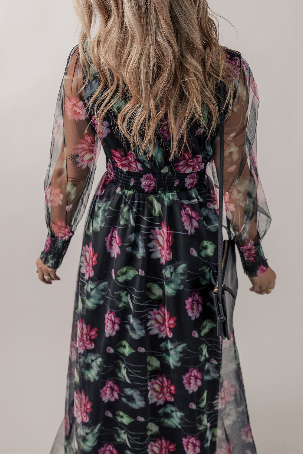 Mesh Sheer Shirred High Waist Floral Maxi Dress