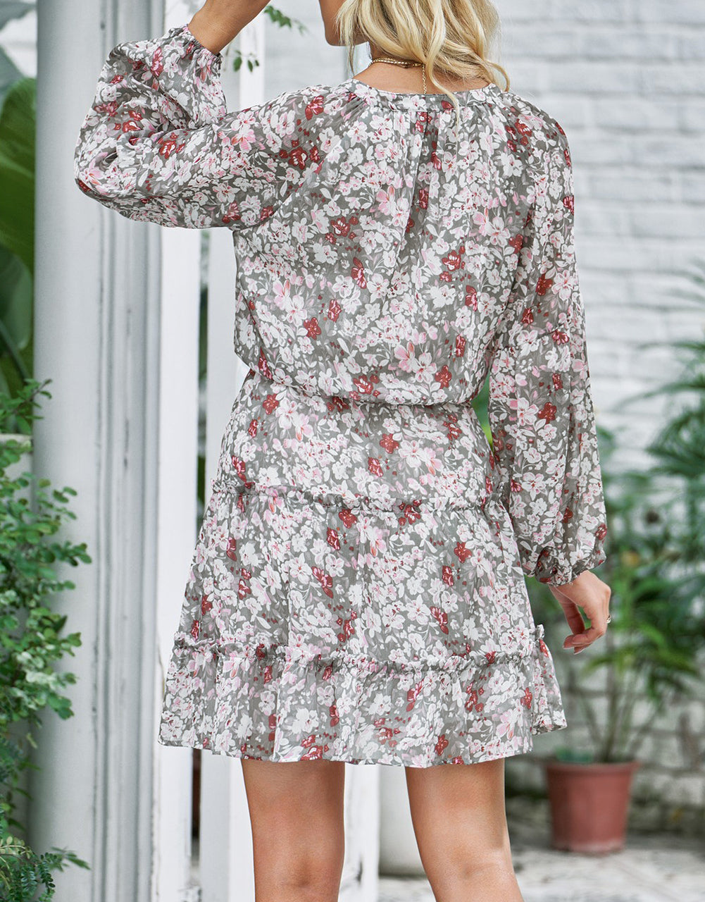 V Neck Puff Sleeves Floral Tunic Dress