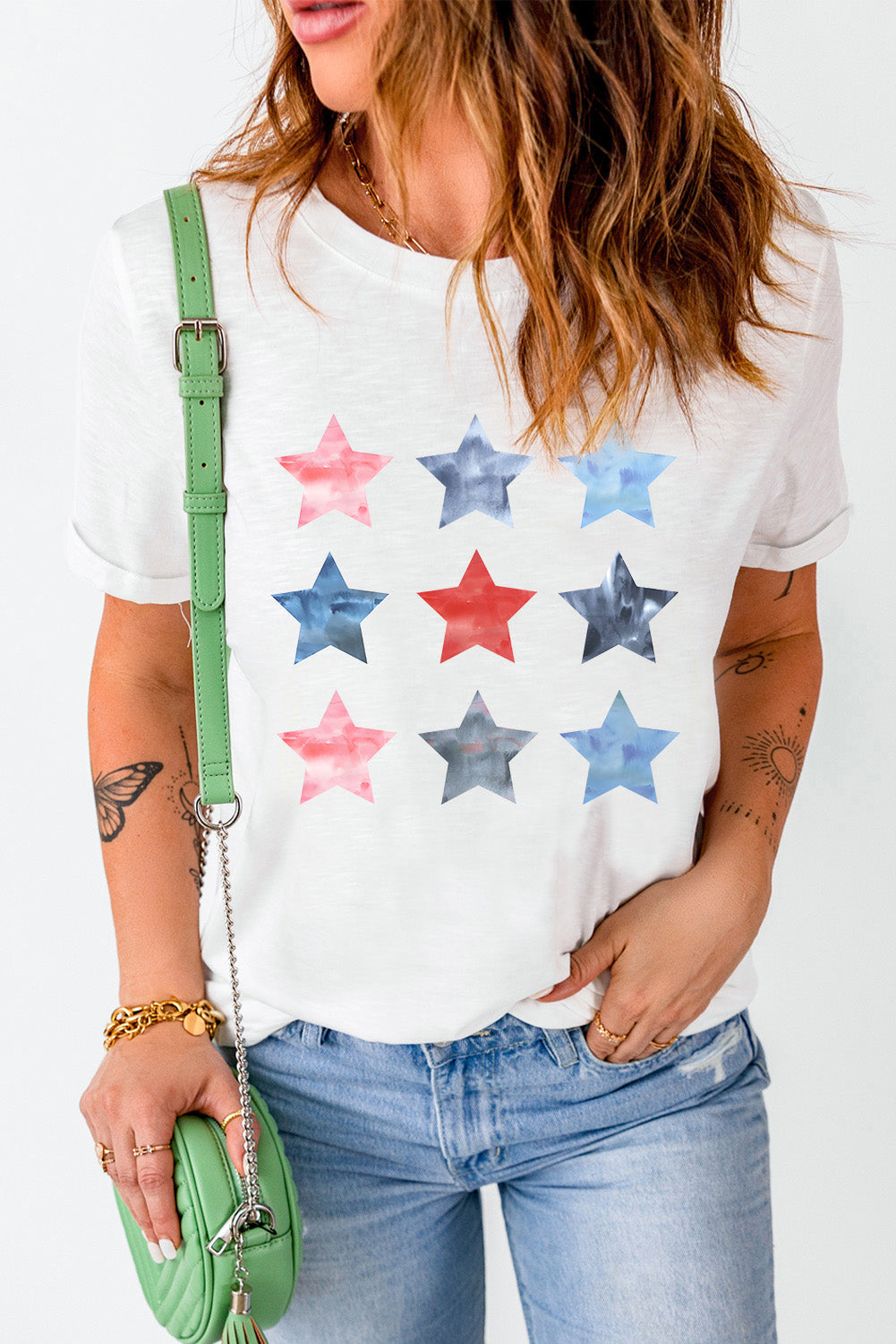 Flag Day Stars Print Crew Neck T Shirt