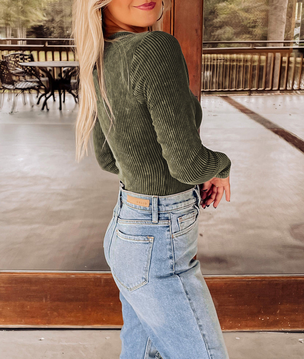 Mineral Wash Ribbed Snap Buttons Long Sleeve Bodysuit