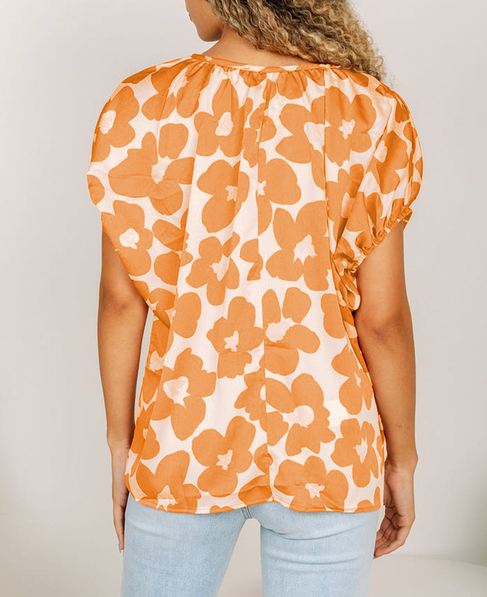 Satin Floral Puff Sleeve Tied Split Neck Top