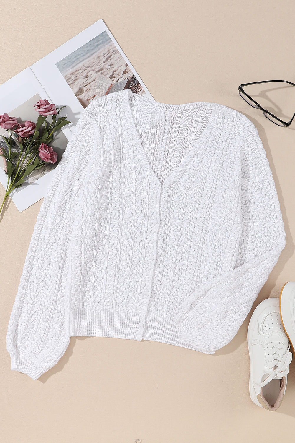 Solid Cable Knit V-Neck Puff Sleeve Cardigan