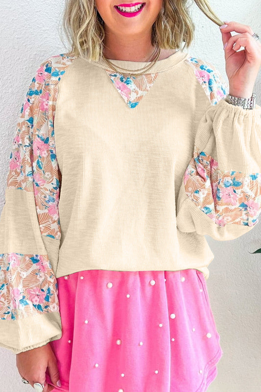 Textured Floral Patchwork Balloon Sleeve Blouse