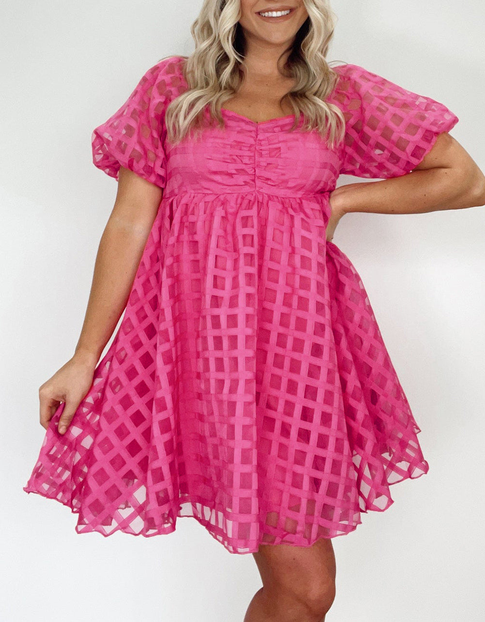 Checkered Puff Sleeve Babydoll Dress
