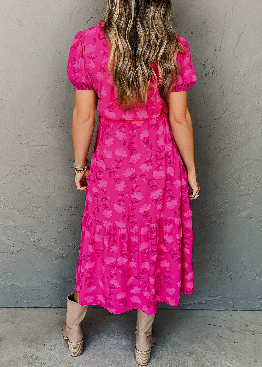 Red Floral Print Pleated Drawstring Flowy Midi Dress