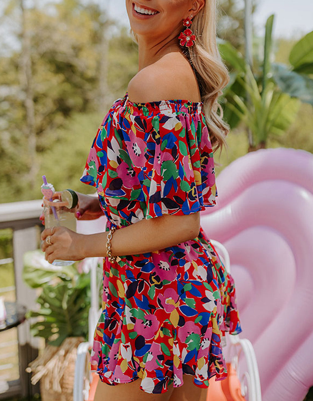 Floral Off Shoulder Short Sleeves Ruffle Romper