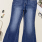 High Rise Dual Button Distressed Raw Hem Flared Jeans