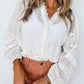 Eyelet Lace Puff Sleeve Split Neck Blouse